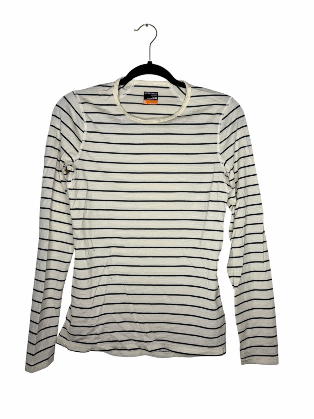 ICEBREAKER / white black striped merino 200 long sleeve top / M *flawed*